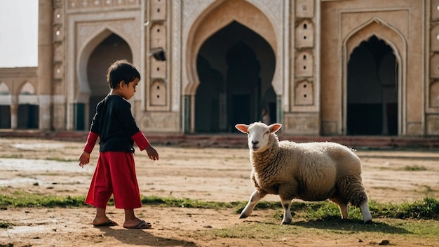 Photo a little boy is walking with a sheep in front of a building