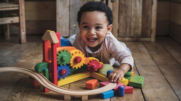 Little boy joyful with colorful wooden learning toy