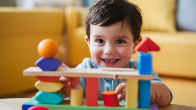 Little boy joyful with colorful wooden learning toy