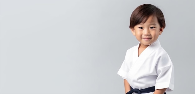 A little boy in a karate outfit stands in front of a grey background