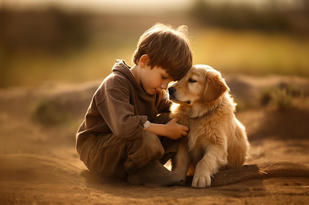 Little boy kid sitting with his dog puppy friend on dry ground Children animal love concept
