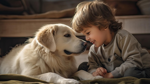 A little boy laughing as he plays fetch with his mixed breed puppy in a bright minimalist living room