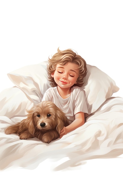 A little boy laying in bed with a dog