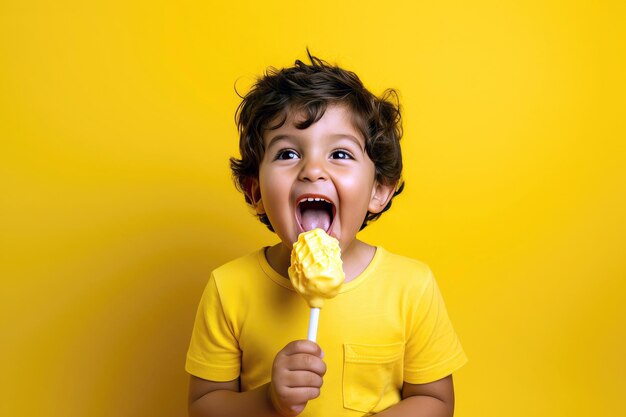 Little boy licking fruit popsicle sherbet on yellow background