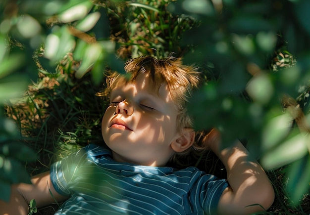 작은 소년 은 눈 을 감고 파란색 과 색 줄무 짧은 팔꿈치 를 입고 잔디 에 누워 있다