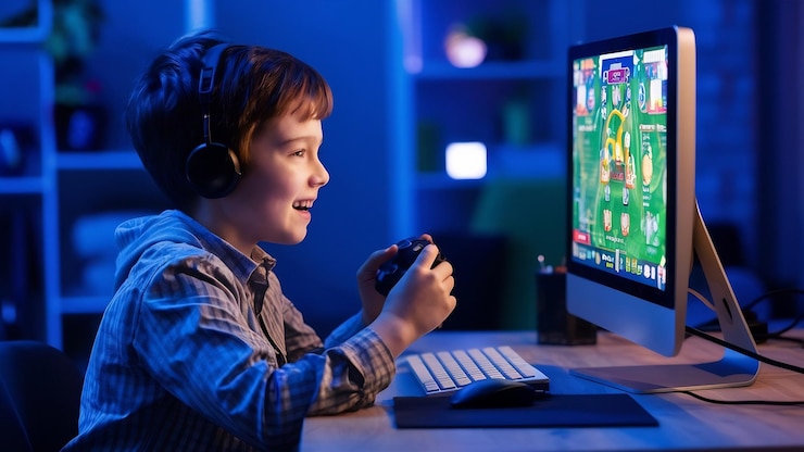 Photo little boy look to computer display he like play and win video games