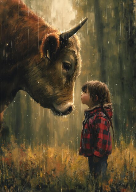 Photo little boy looking cow princess mind bending tears rain strong tall girl book nature journal