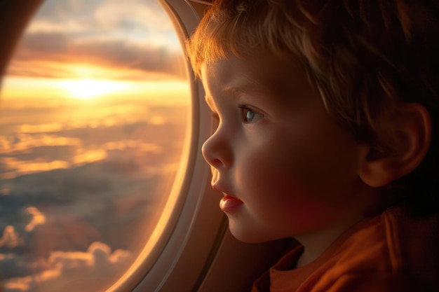 Photo little boy looking out of a plane window at the sunrise