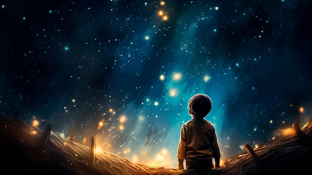 little boy looking at starry sky