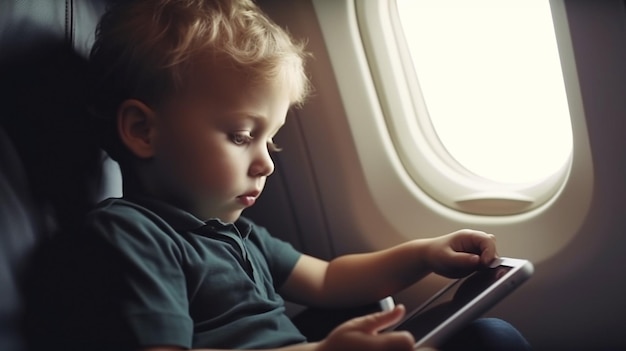 A little boy looking at a touch pad while flying Generative AI