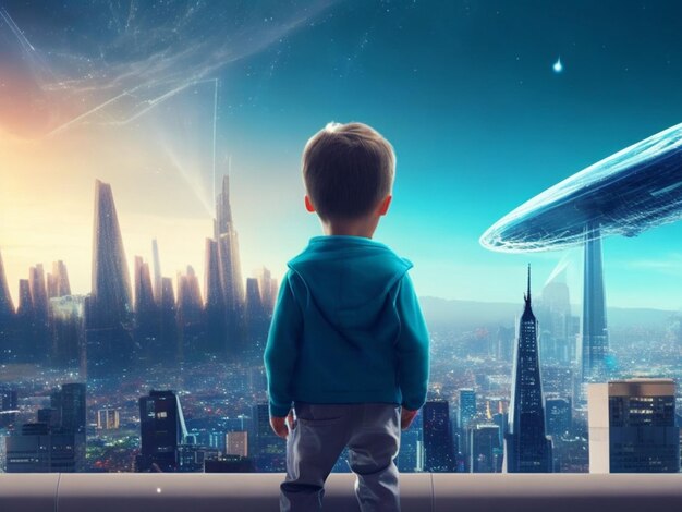 Little boy looking at UFO flying over the city 3D rendering