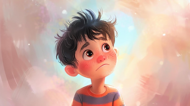 Photo little boy looking up at the sky with wonder in his eyes he is wearing a striped shirt and has messy hair the background is a soft warm color