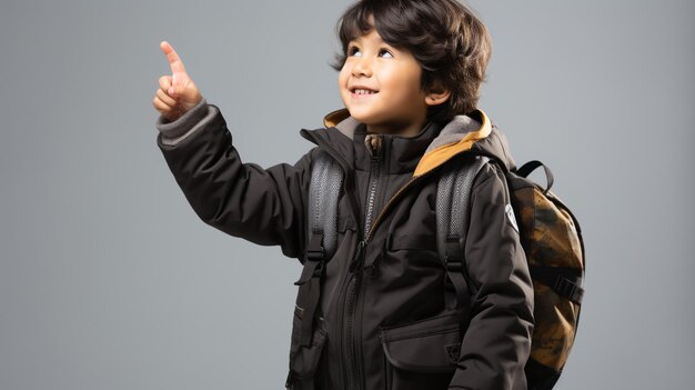 Photo a little boy looks to the side with a pointing hand gesture on a gray background