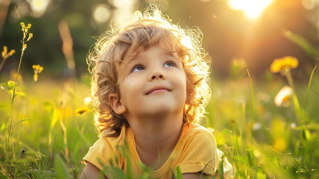 Little boy lying in the grass and looking up at the sky He is smiling and has a dandelion in his hair