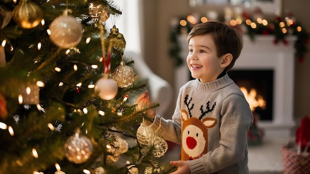 灰色のセーターを着たクリスマスツリーの近くの小さな男の子