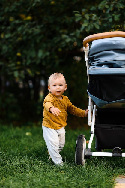 写真 夏の芝生の上のベビーカーの近くの小さな男の子