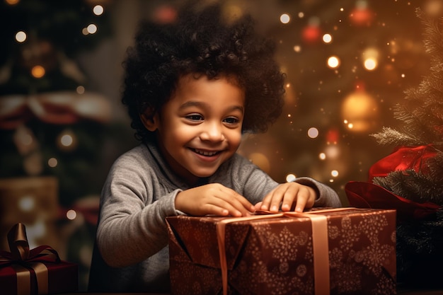 A little boy opening a gift closeup