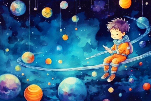 A little boy in outer space travels between the big planets