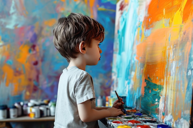 Little boy painting on canvas in studio