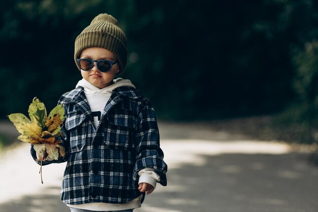 秋の紅葉を保持している公園の小さな男の子