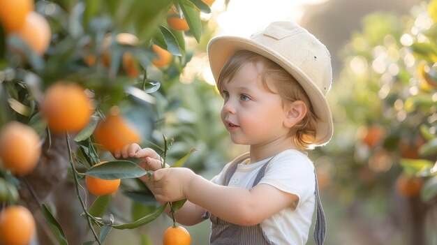 アイが生成したイメージでオレンジガーデンでオレンジを摘む小さな男の子