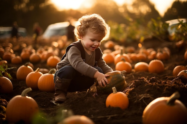 A little boy picking pumpkins on Halloween in a pumpkin patch Generative Ai