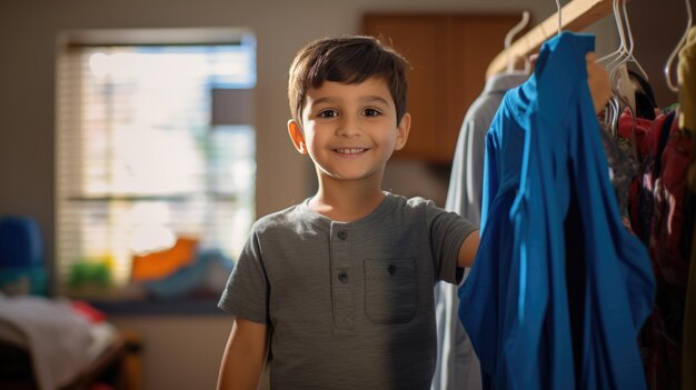 幼稚園や学校の服を自宅で選ぶ小さな男の子