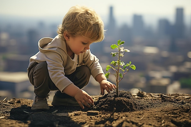 小さな男の子が泥に小さな木を植えています 大きな現代的な都市の建物