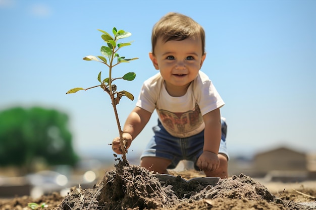 泥に小さな木の苗を植えている小さな男の子