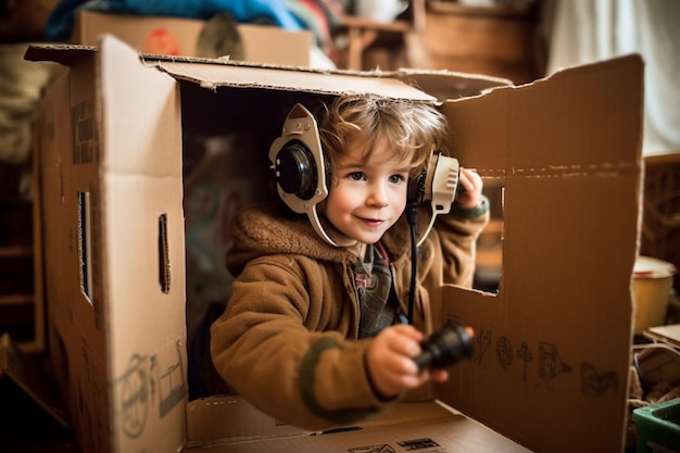 Little boy playing astronaut at home a spaceship made of cardboard fantasy