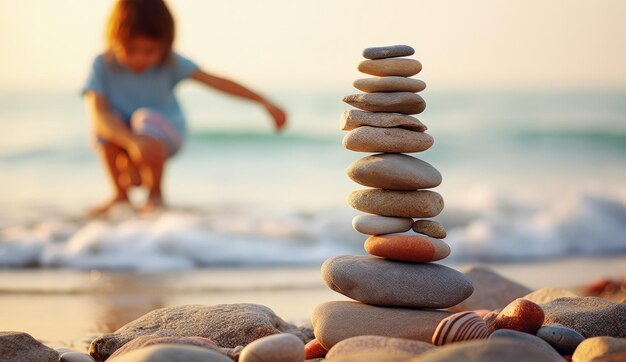 Photo little boy playing on the beach by stacking rocks fun and childhood concept generative ai