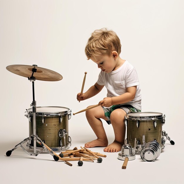 Photo a little boy playing a drum set with a picture of a little boy playing a drum set