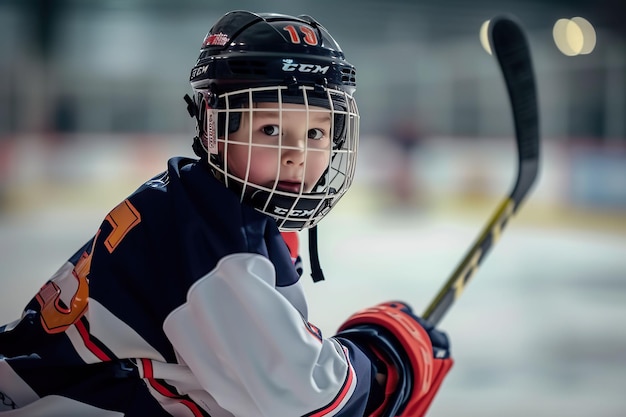 Little boy playing hockey on ice rink