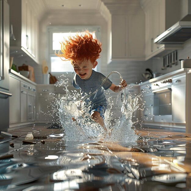 Foto un ragazzino che gioca in cucina con un taglio di capelli rosso