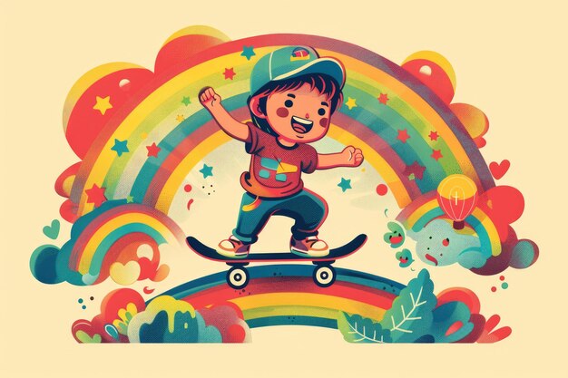 Photo a little boy playing roller skating illustration