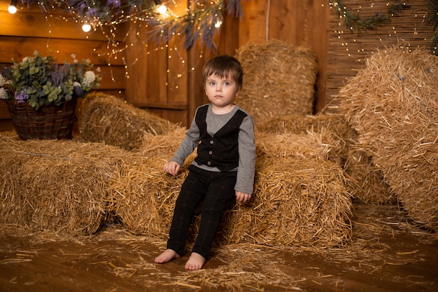 Little boy playing in straw sheaves in farm, countryside, farming