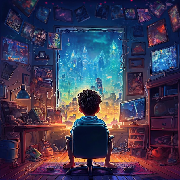 Little boy playing video games in his room, created with generative AI