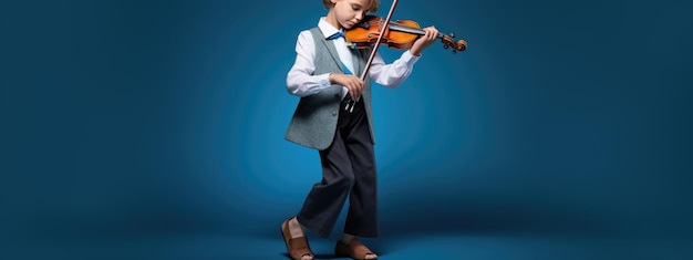 Фото Маленький мальчик играет на скрипке на голубом небе