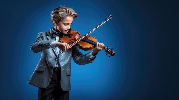 Фото Маленький мальчик играет на скрипке на голубом небе