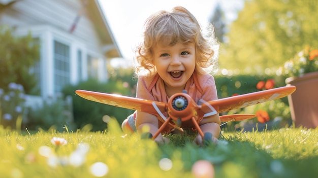 사진 뒷마당 에서 장난감 비행기 와 놀고 있는 소년