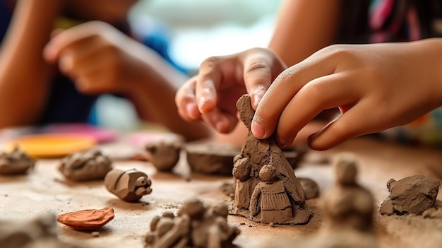 Photo little boy playing with clay generative ai