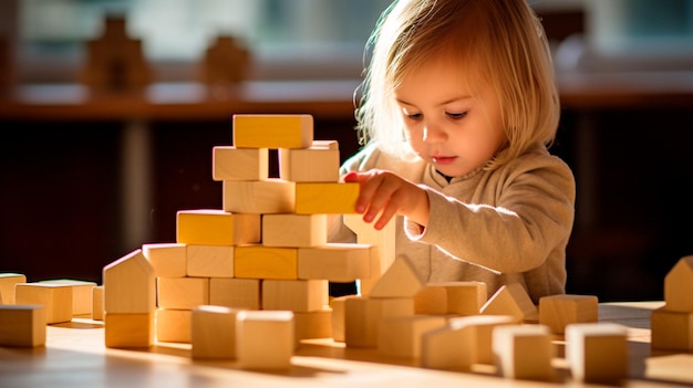 Фото Маленький мальчик играет с кубиками на полу в комнате