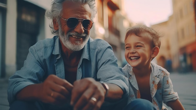 Photo little boy playing with his grandfather