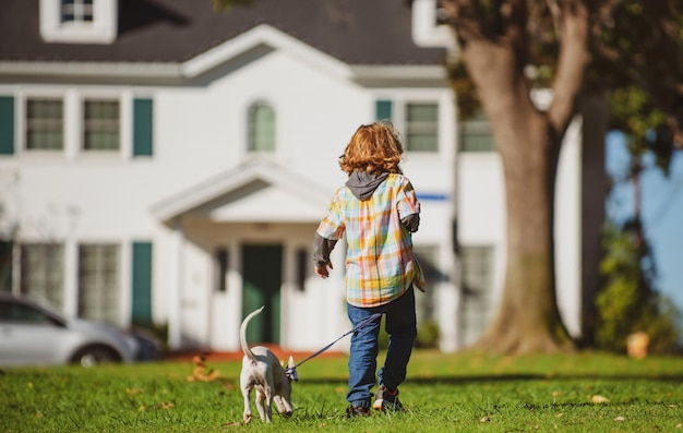 Little boy playing with puppy happy child walking dog