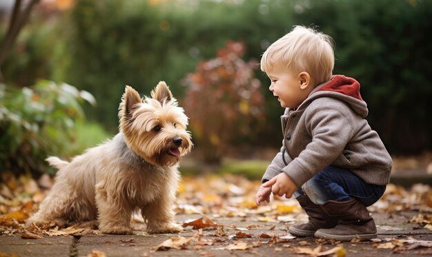 Photo a little boy playing with a small dog