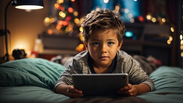 Photo little boy playing with tablet in his room