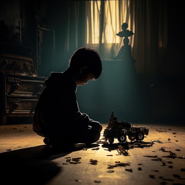 a little boy playing with a toy car and a toy car on the floor
