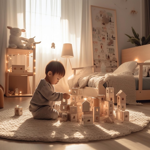 a little boy playing with a toy house