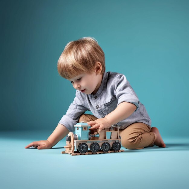 a little boy playing with a toy train on a blue table.