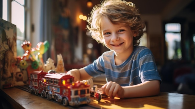 Little boy playing with a toy train